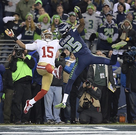 Seattle Seahawks Cornerback Richard Sherman winning against Michael Crabtree from the San Francisco 49ers